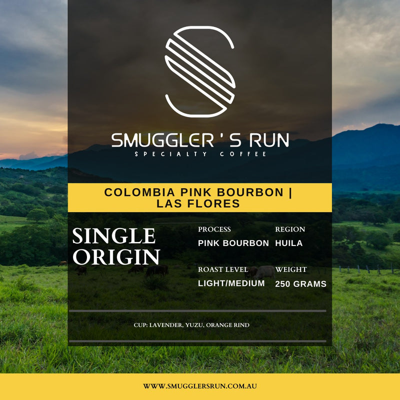 Colombia Pink Bourbon coffee label artwork with origin and tasting details