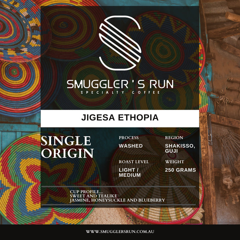 Jigesa Ethiopia coffee label artwork with origin and tasting details