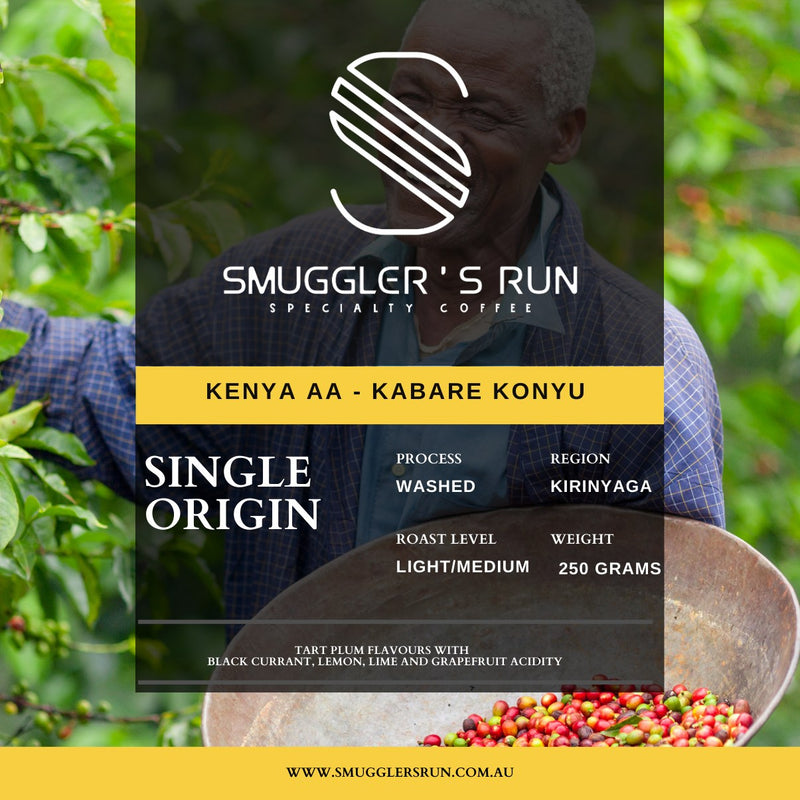Kenya AA Kabare Konyu coffee label artwork with origin and tasting details