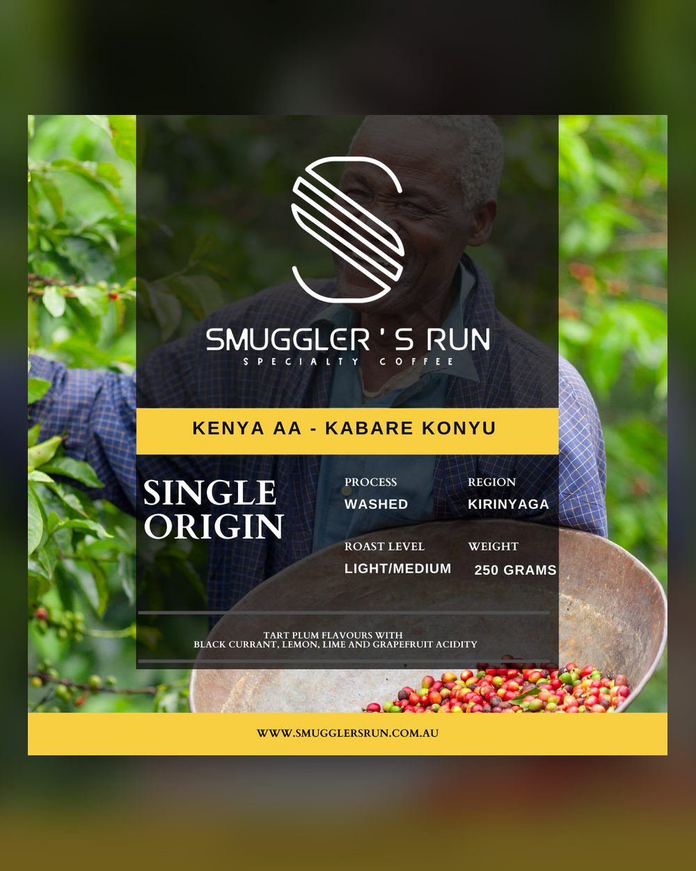 Kenya AA Kabare Konyu specialty coffee bag from Smuggler's Run, Roasted in Sydney