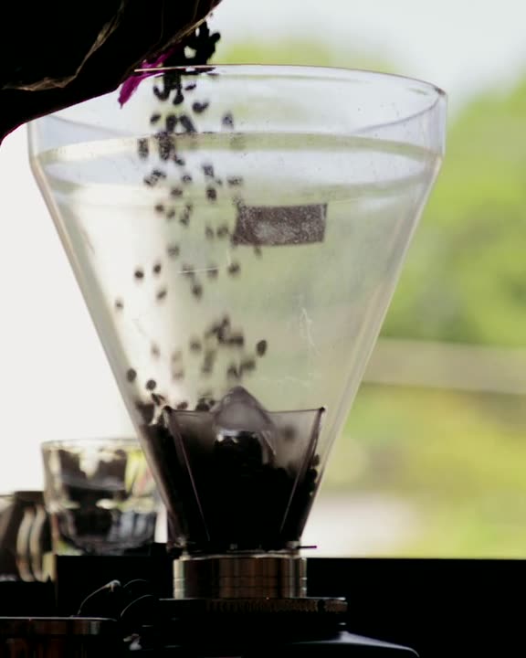 Roasted beans pouring into a grinder